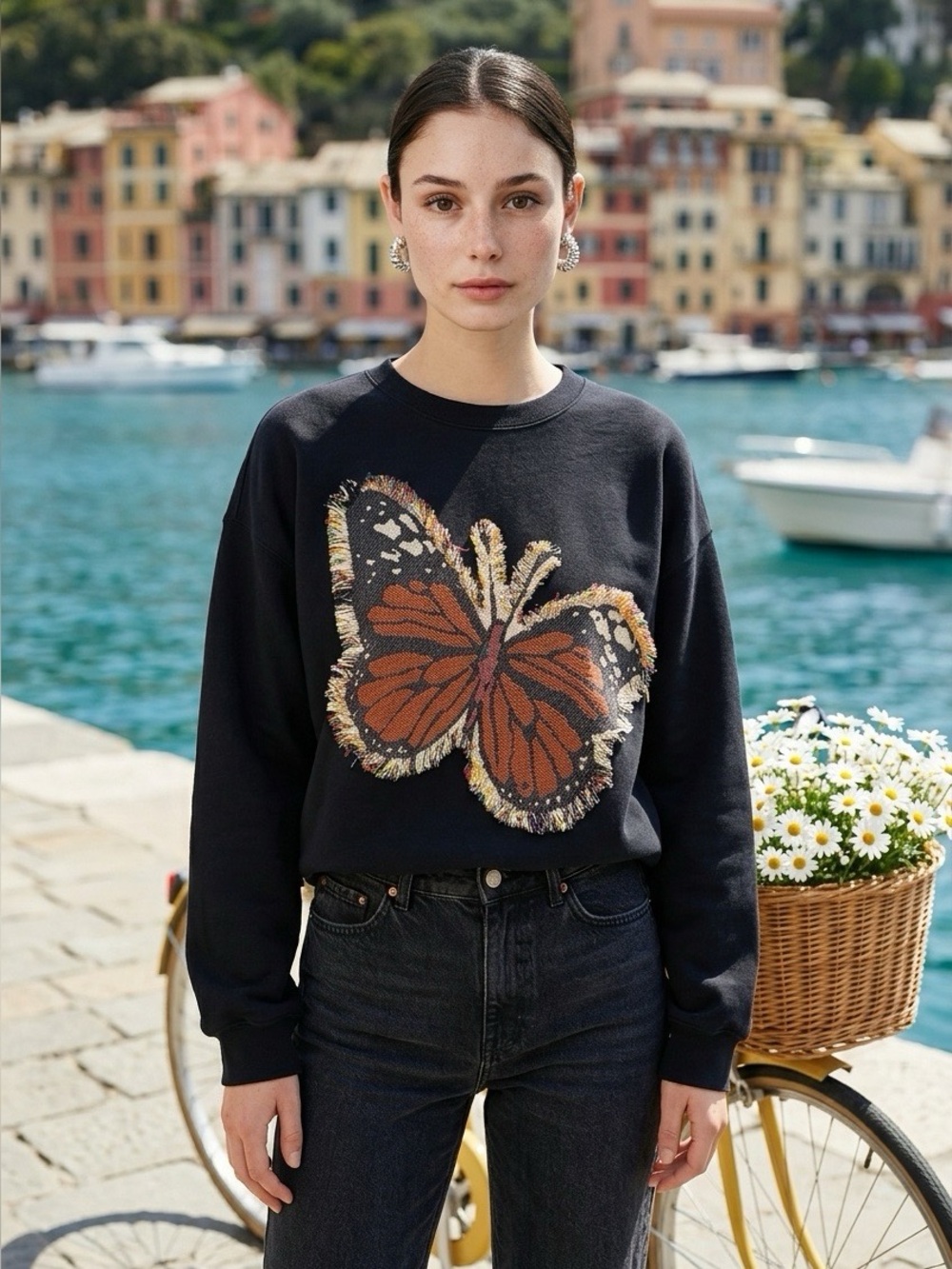 Black Sweatshirt with Frayed Orange Butterfly